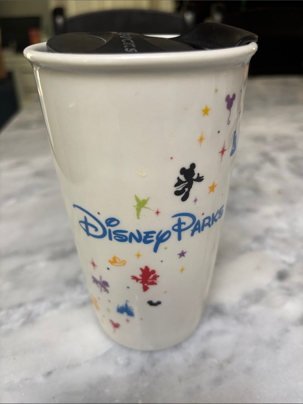 Disney Parks White Ceramic Travel Mug with Multicolor Character Icons